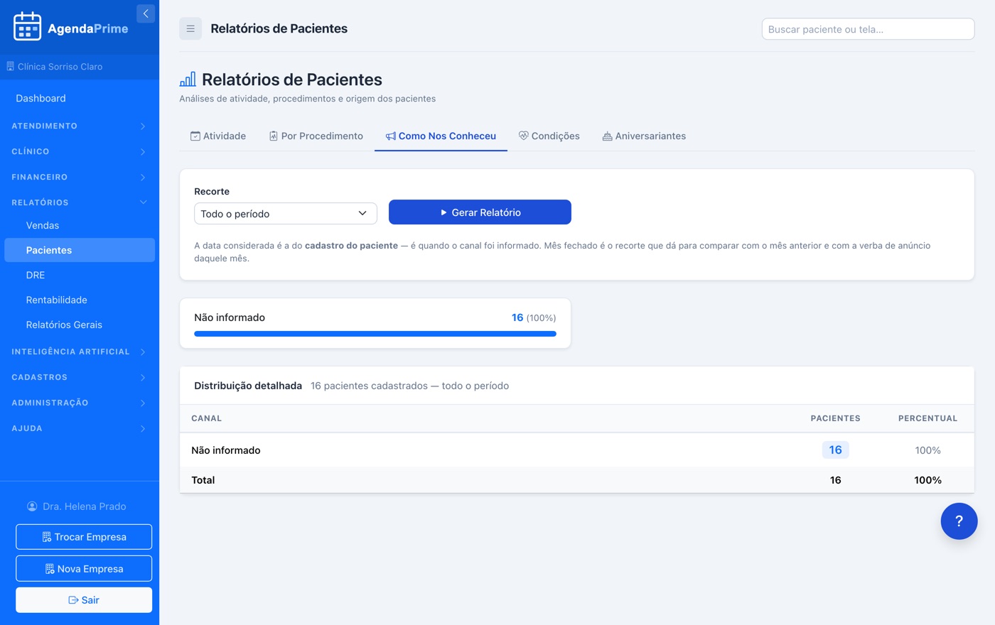 Central de relatórios com filtros por período